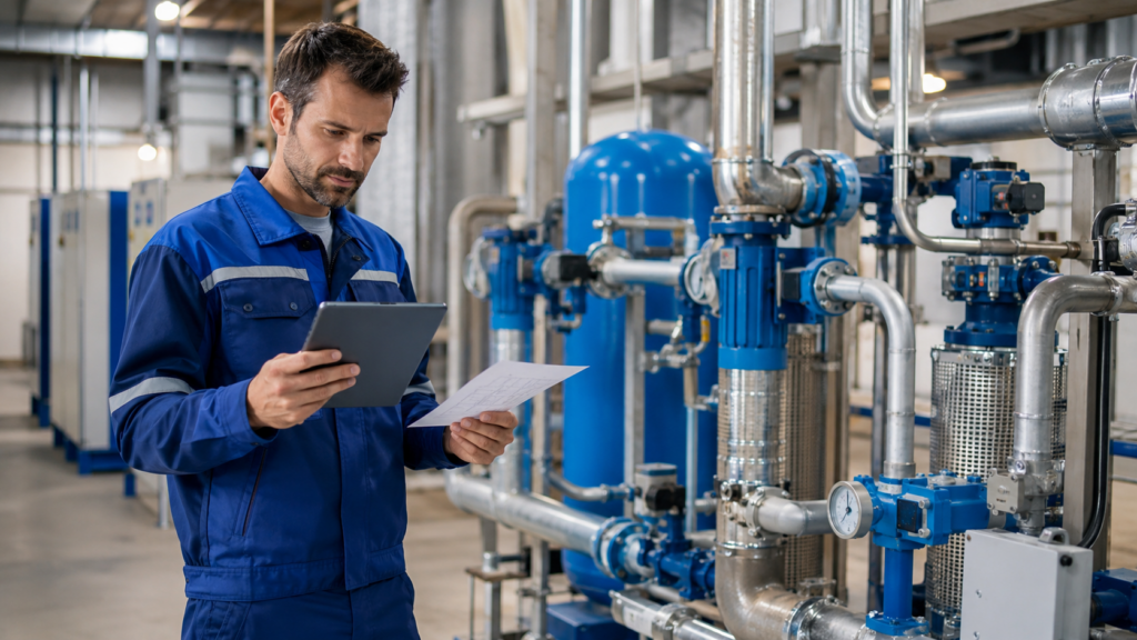 Técnico de mantenimiento industrial revisando instalación de aire comprimido con documentación técnica en tablet.