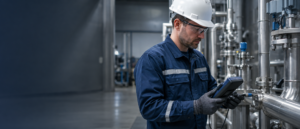 Técnico industrial midiendo la calidad del aire comprimido en un punto de purga de la red