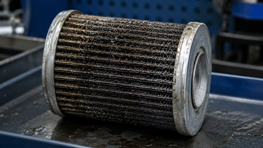 Primer plano de un filtro de aire comprimido industrial con acumulación visible de partículas y residuo de aceite