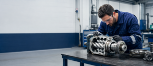 Técnico industrial inspeccionando el cabezal desmontado de un compresor de tornillo en un taller especializado