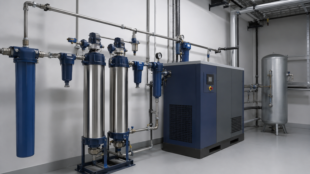 Sistema de filtración y secado de aire comprimido industrial instalado en una sala técnica